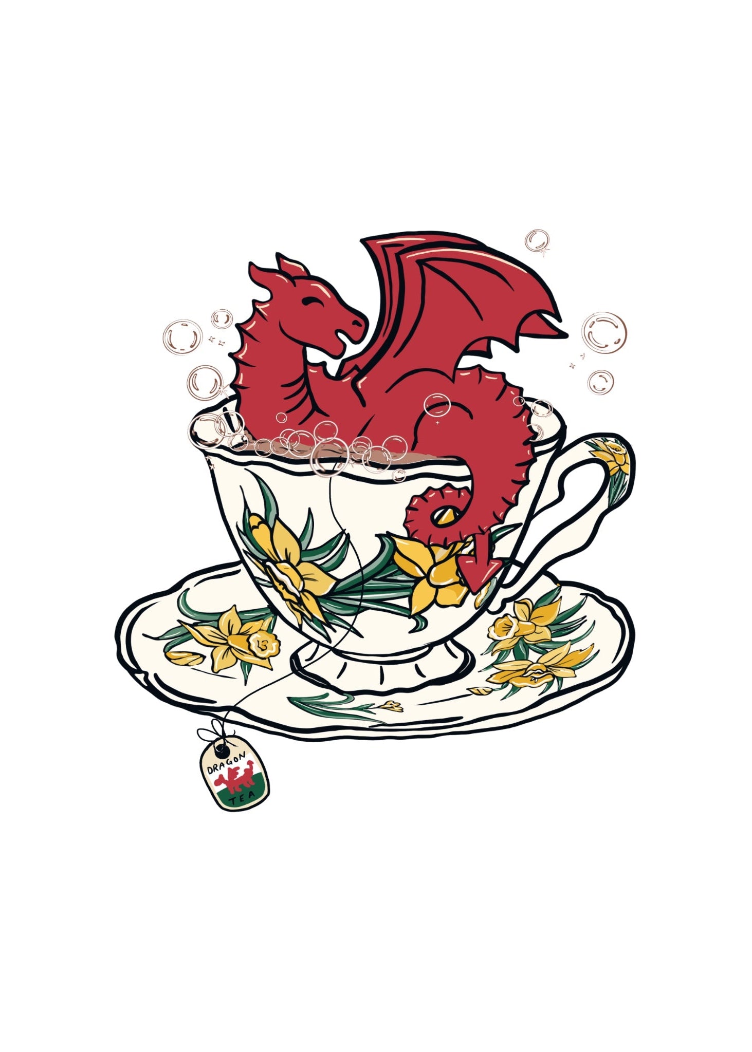 Red dragon inside a teacup with flowers on a white background