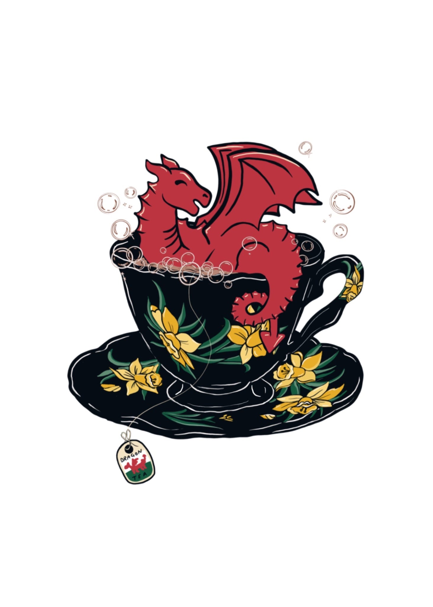 Teacup with a red dragon design on a white background